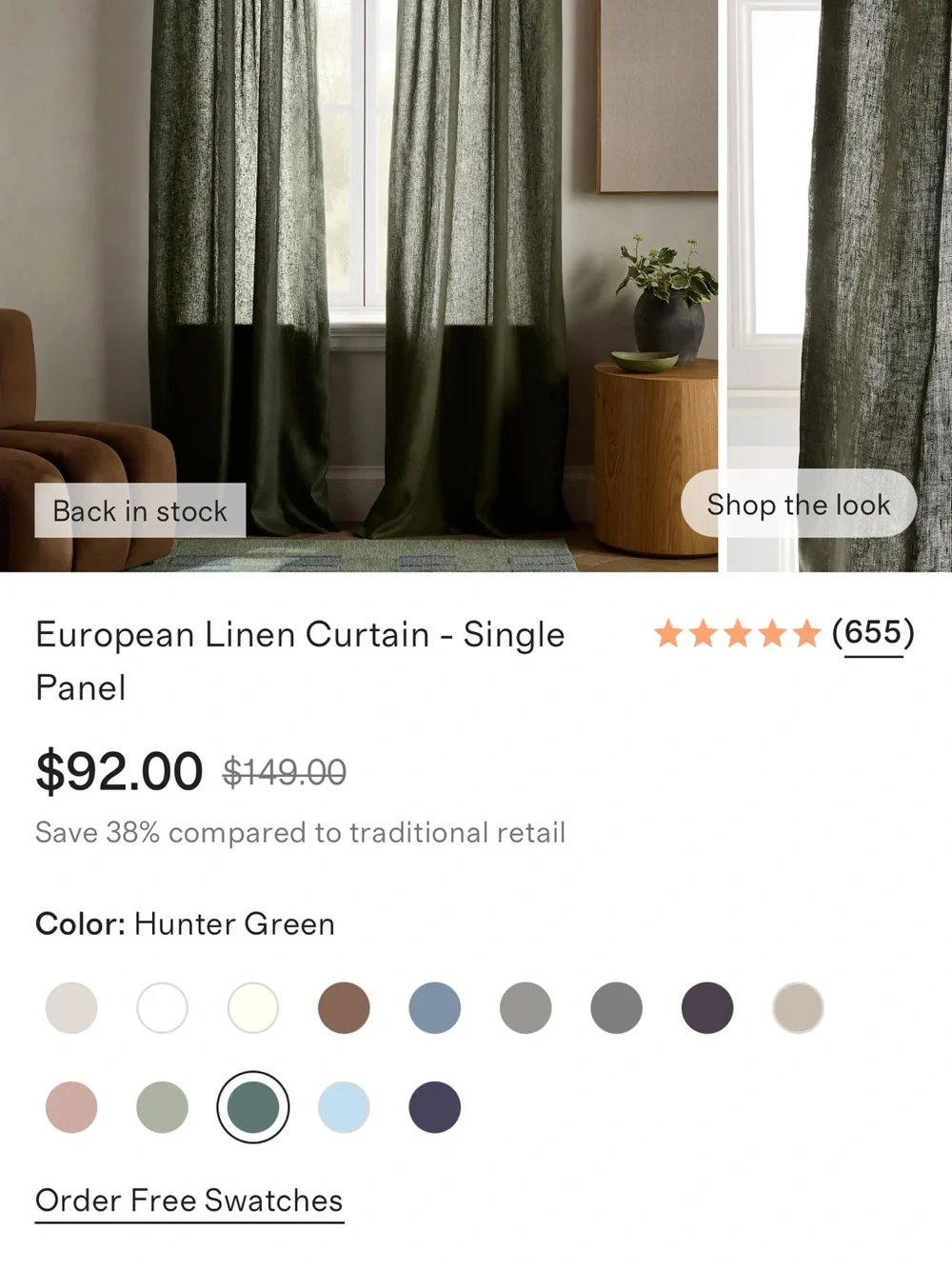 Quince Hunter Green European Linen curtain Set 48x96”
